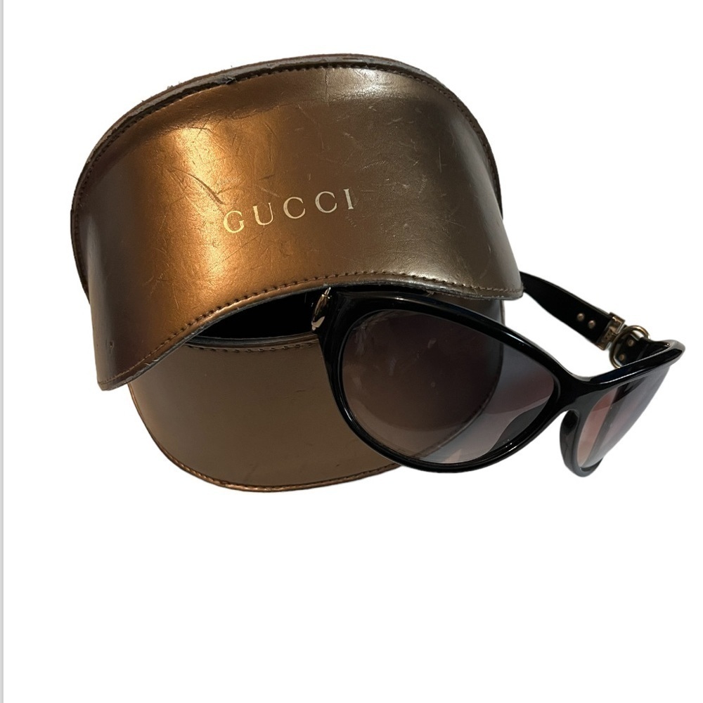 Gucci Butterfly Frame Belted Etched Logo Rounded Sunglasses BUCKLE GG Brown - Picture 10 of 13